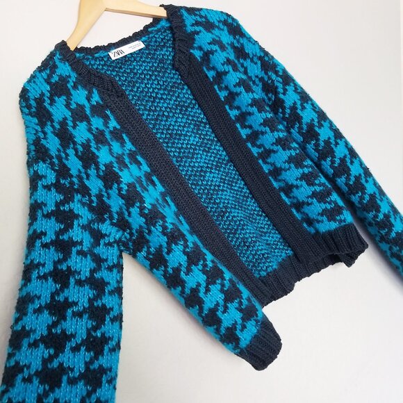 Zara‎ Houndstooth Chunky Blue Black Open Front Cardigan L Slouchy Preppy Casual - Picture 13 of 16